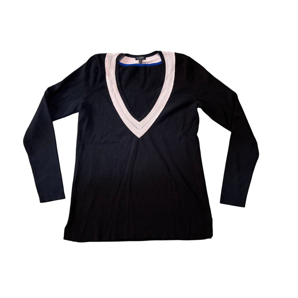 Talbots Women’s Black V-Neck Pullover Sweater Pink Trim Long Sleeve Size Small